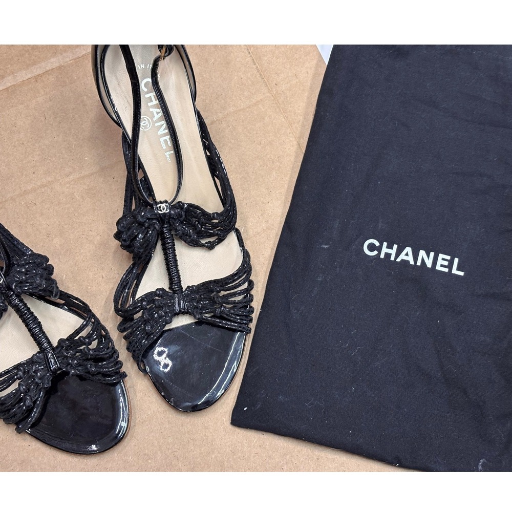 Chanel Black Patent Leather Woven Cord T-Strap CC Logo Heels Sandals Size 41‎